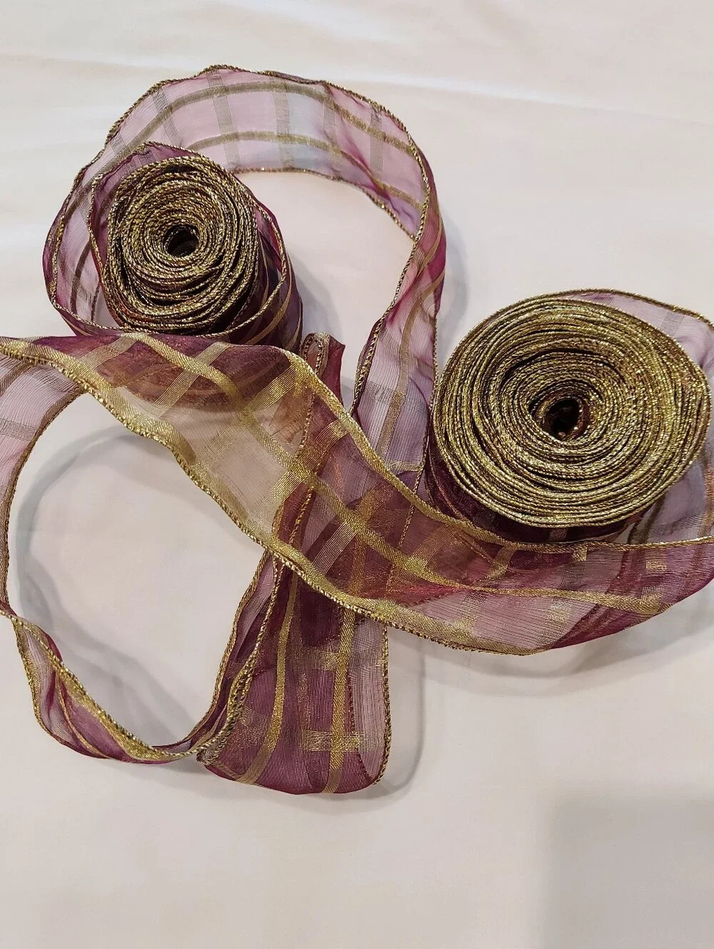 Sullivans Sheer Wired Ribbon, Burgandy/Bronze Gold Metallic Trim/Plaid,17yds,New